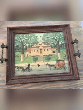 Folk Art Country House Print in Green and Cream